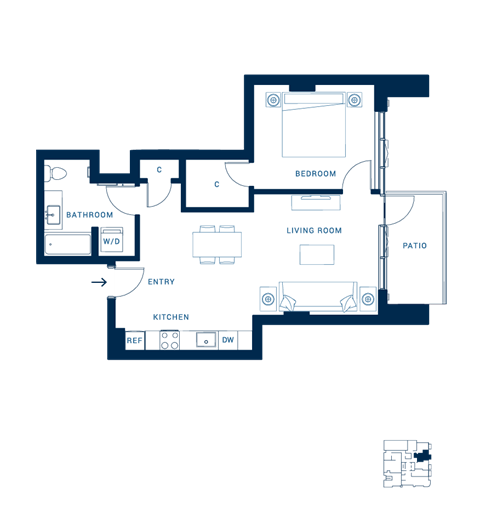 Floor plan for 1 bed, 1 bath, 667 sqft